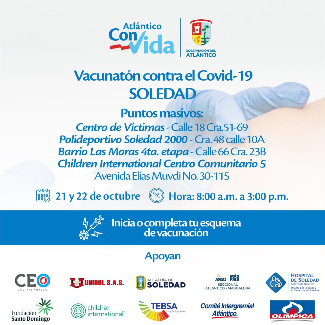IntergremialAtl's tweet image. 💉Con 4 puntos masivos arranca Vacunatón contra COVID-19 en Soledad, los días 21 y 22 de octubre.

Si vives en Soledad, no dudes en iniciar o completar tu esquema de vacunación en esta jornada que hemos preparado para ti, con el apoyo de gremios, fundaciones y empresas del dpto.