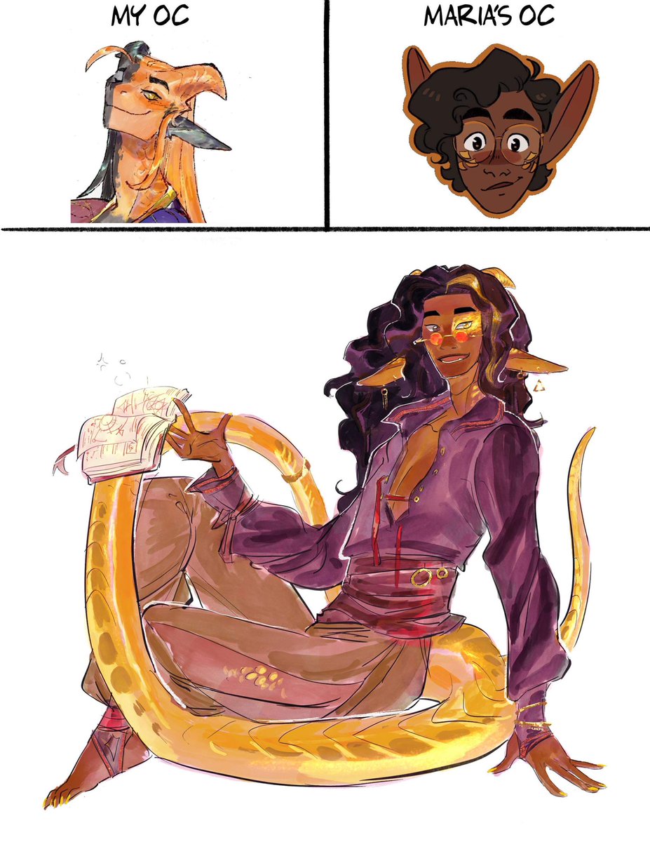 busy busy with work & haven't had time to make much personal art recently. so y'all get just an indulgent smidgen for this week; mashup meme cool down with Magpie & @MariaBjarnaArt's elf boi Isak! ✨