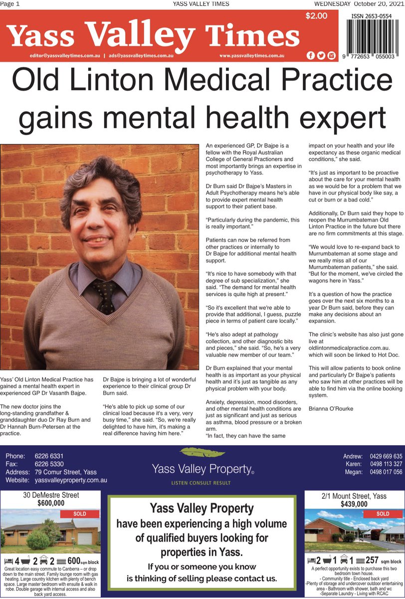 YassValleyTimes's tweet photo. Yass gains mental health expert and lots more local news in this weeks @YassValleyTimes https://t.co/gIZ4mOxPiL