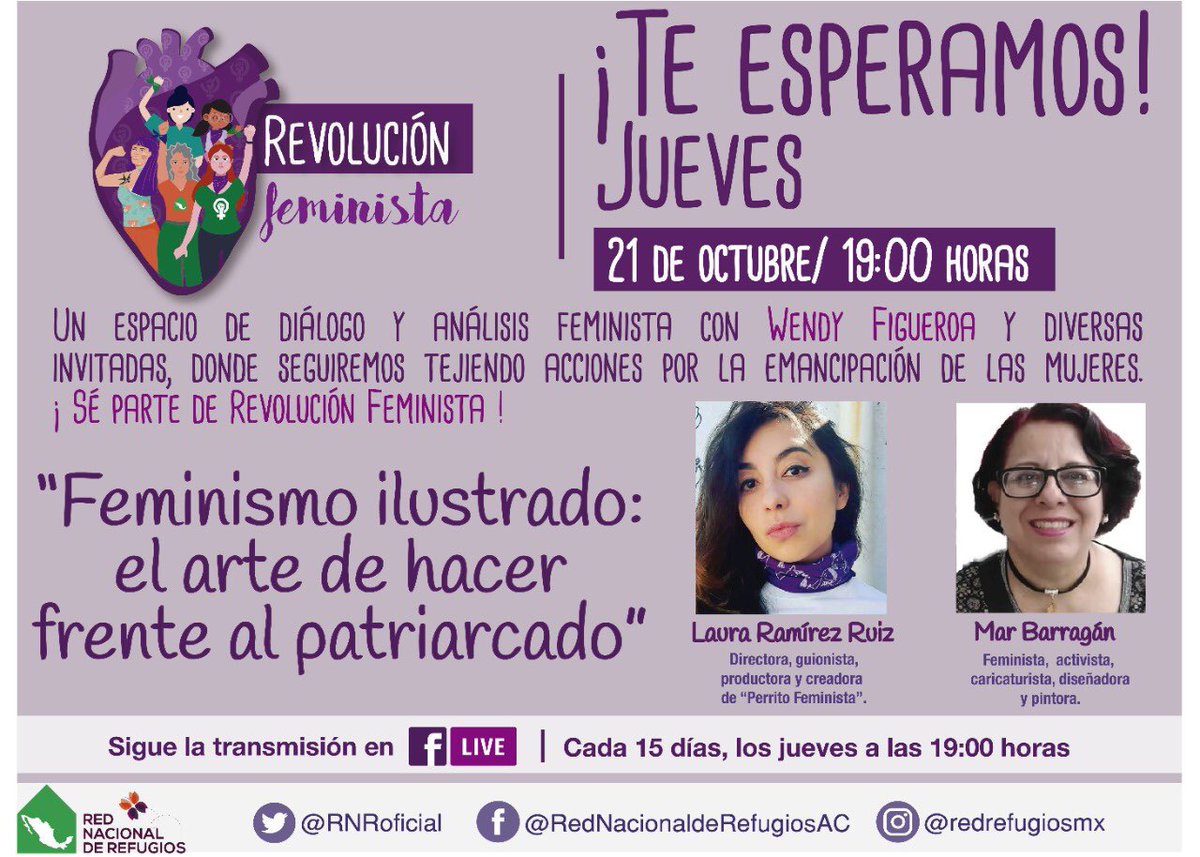 RNRoficial's tweet photo. 📢¡Seguimos la #RevoluciónFeminista uniendo nuestras voces para tirar el patriarcado!
 
💜Acompáñanos este jueves por FB Live a conversar sobre la importancia del arte,la ilustración y la caricatura para visibilizar al machismo,nos acompañará @PerritoFeminis2 y @marcartonist https://t.co/ffBzuuv5Jg