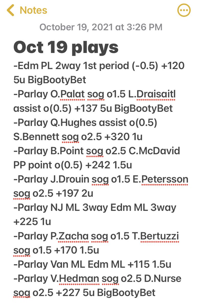 PicksPunisher's tweet photo. Tonight’s bets! Love the plays tonight! Time to get back in the black!
#BigBootyBets
#nhlpicks https://t.co/Kq6zKgeCp5