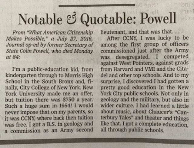 General Colin Powell, 1937-2021:

“I’m a public education kid, from kindergarten through college. I discovered I had gotten a pretty good education in public schools. I got a complete education, all through public schools.” 

#txed kids still do. 

<a href="/WSJ/">The Wall Street Journal</a> <a href="/TexasGOP/">Texas GOP</a> #txlege
