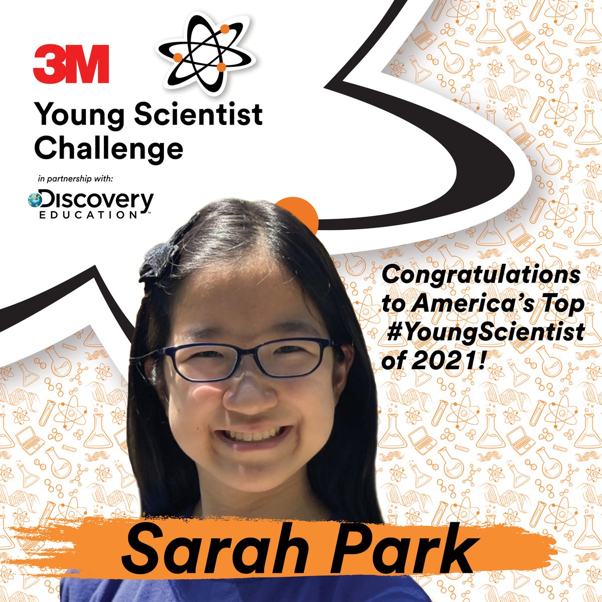 3M's tweet photo. Congratulations to 3M #YoungScientist Challenge winner, 13-year-old Sarah Park! She developed Spark Care+, a music therapy treatment that helps people find music that heals. Give Sarah &amp; our top ten finalists a 👏👏👏! Learn more about her winning project: https://t.co/iPBxjUeacQ https://t.co/mxPs8WTNOB