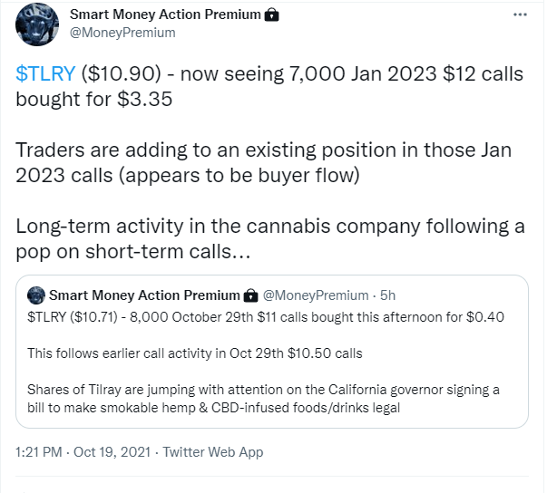 LongGameTrading's tweet photo. $TLRY - shares of Tilray started jumping early afternoon as October 29th calls traded

In addition to the near-term contracts, the Jan 2023 $12 calls also saw activity

Volume for those Jan 2023 calls ended up being 8,900 as shares moved off recent lows (private Twitter)... https://t.co/WG9Yk7E5Zb