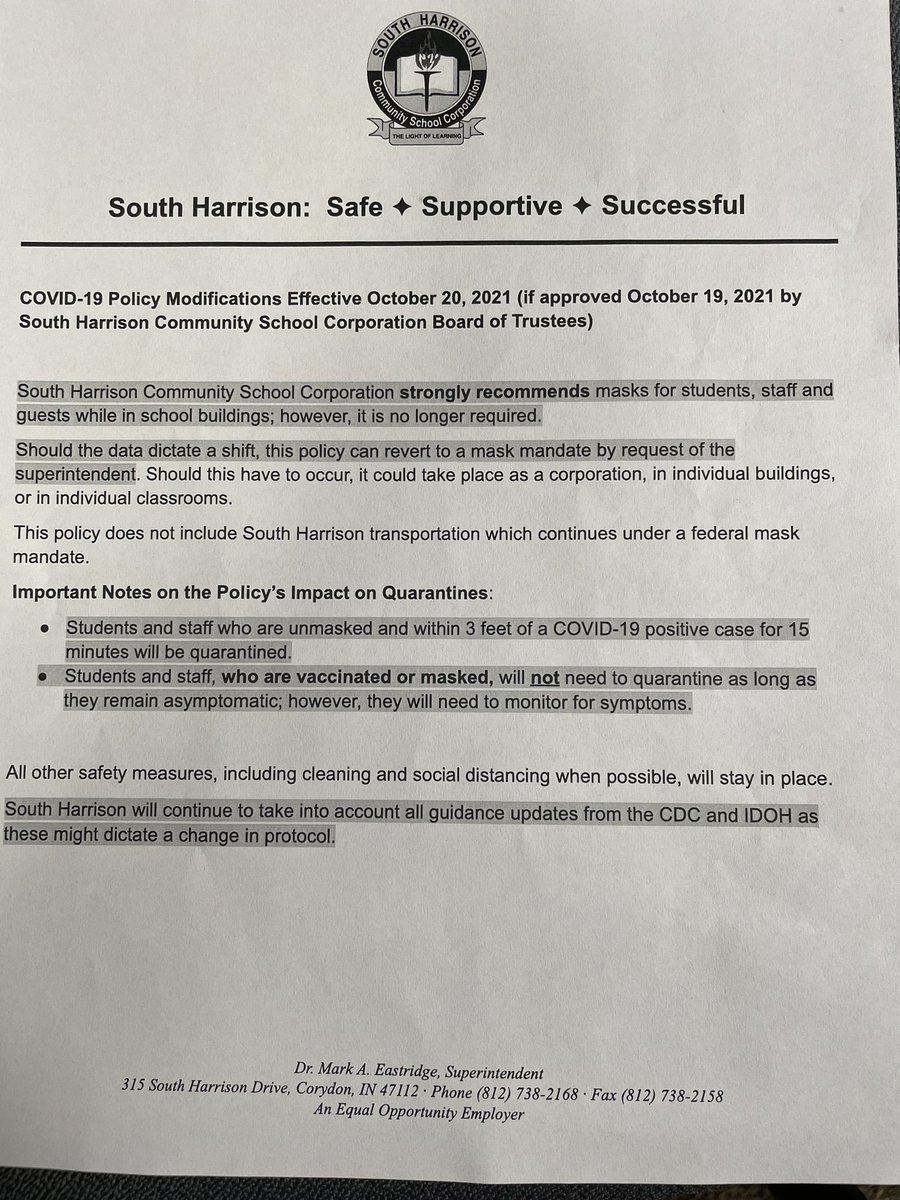 TCD_Kaitlyn's tweet photo. South Harrison School Corporation modifies its COVID masking policies from a “mandate” to “strongly recommends” at its board meeting. The full policy modifications are in the photo. https://t.co/2MSP9j4Mzt