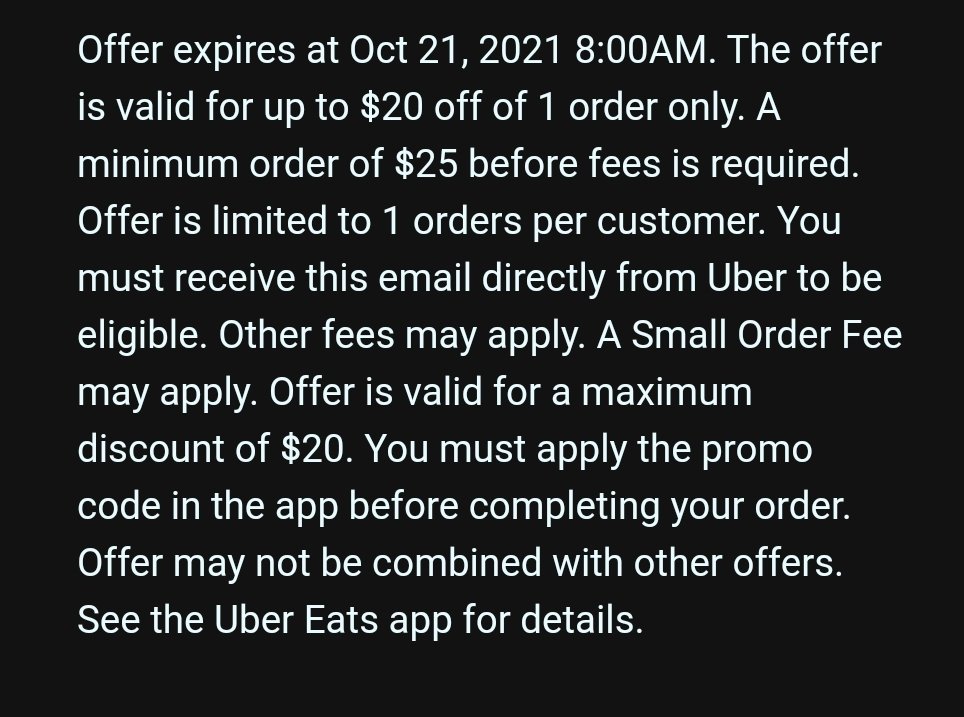 AndrewSilverm15's tweet photo. Hey @UberEats nothing in the fine print says delivery only and 8 can't use for pickup. https://t.co/1r52DrmWOC