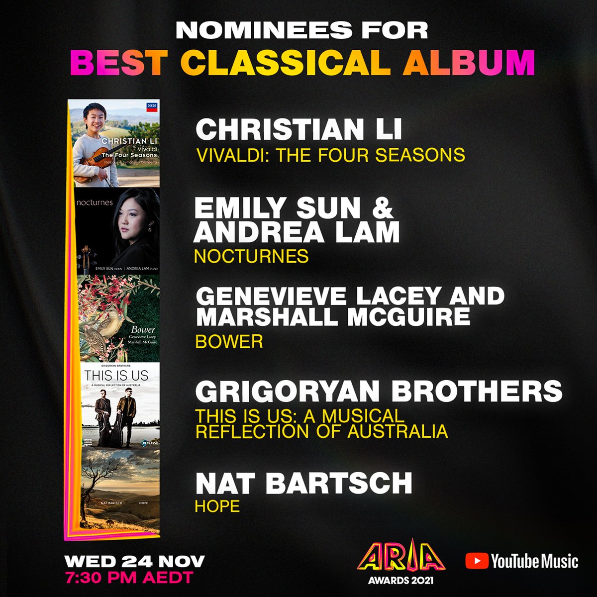 ARIA_Official's tweet image. Congratulations to the 2021 #ARIAs Best Classical Album nominees: Christian Li, @emilysunviolin &amp;amp; Andrea Lam, Genevieve Lacey and Marshall McGuire, @GrigoryanBros, @natbartsch