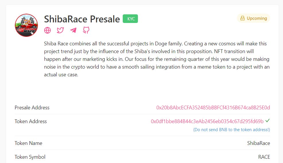 #Shiba Race #Presale will be on October 21! 🚀

✅ Soft/ Hard Cap: 100 / 200 BNB
🔰 Min / Max Contribution: 0.05 / 2.0 BNB
⚡️ KYC'd <a href="/pinkecosystem/">PinkSale (Pink Ecosystem)</a> 

Check the full presale details here: pinksale.finance/?fbclid=IwAR2S…

TG: t.me/ShibaRace
Web: shibarace.net

#BNB #BSC
