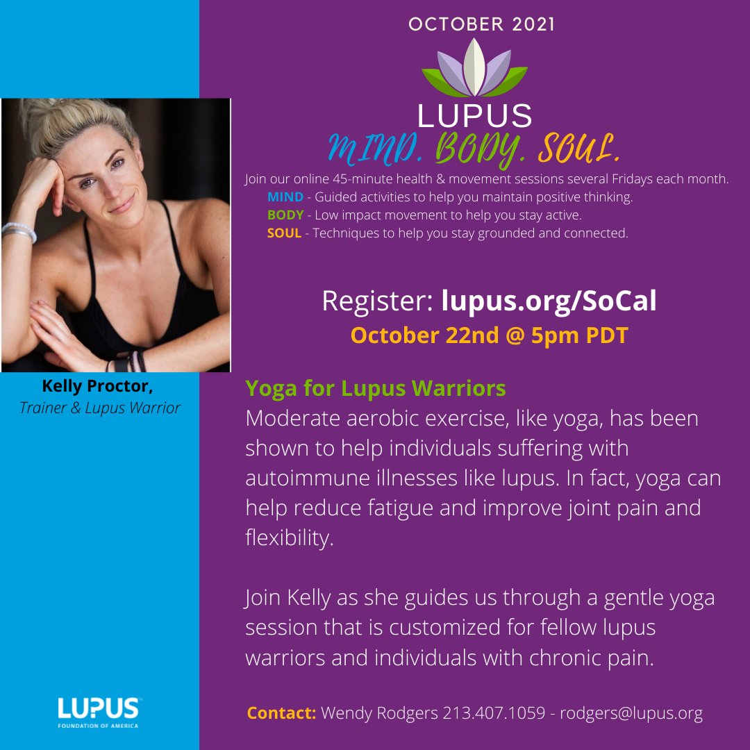 LupusOrgSoCal's tweet photo. Yoga for Lupus Warriors on Friday at 5pm!  Join Kelly Proctor for a session customized for lupus warriors: https://t.co/wz9xpgMCo8 https://t.co/3HIwelnohW