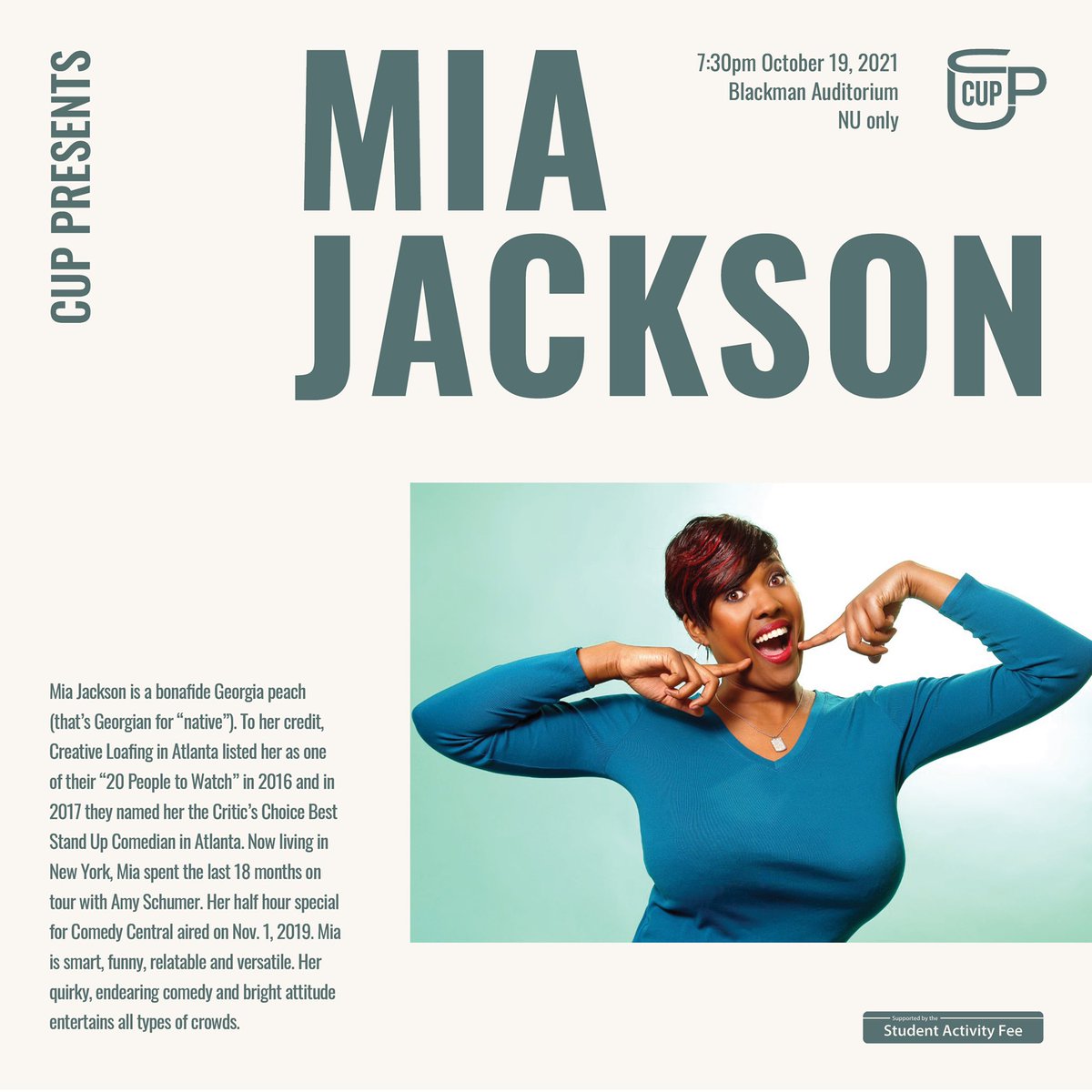 stand up comedian Mia Jackson starting soon (7:30) in blackman!! come for some laughs