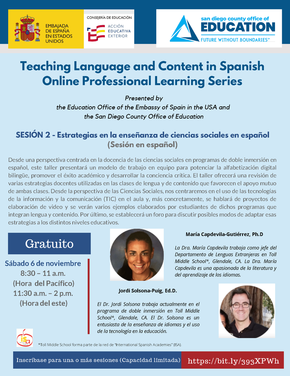 DLELnetwork's tweet photo. Teaching Language and Content in Spanish
SESIÓN 2 (in Spanish) - Estrategias en la enseñanza de ciencias sociales en español
Sábado, 6 de noviembre
8:30 – 11 a.m. (Hora del Pacífico)
11:30 a.m. – 2 p.m. (Hora del este)
FREE: https://t.co/XDPz488TCF https://t.co/sBWjtjheyE