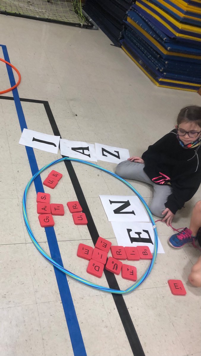 Fitness Scrabble!! Working on our spelling and cardio today.