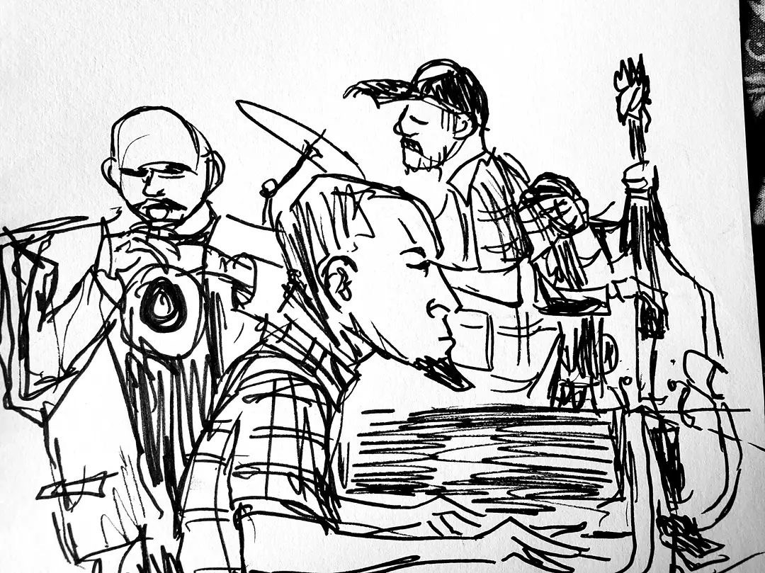 Angel_City_Jazz's tweet photo. The @dan_rosenboom Quartet, October 9th, 2021 at @2220Arts @OrendaRecords Fest, sketch by Dean Westerfield (https://t.co/eN0mgL5Vtx) https://t.co/JmUxhakgJK