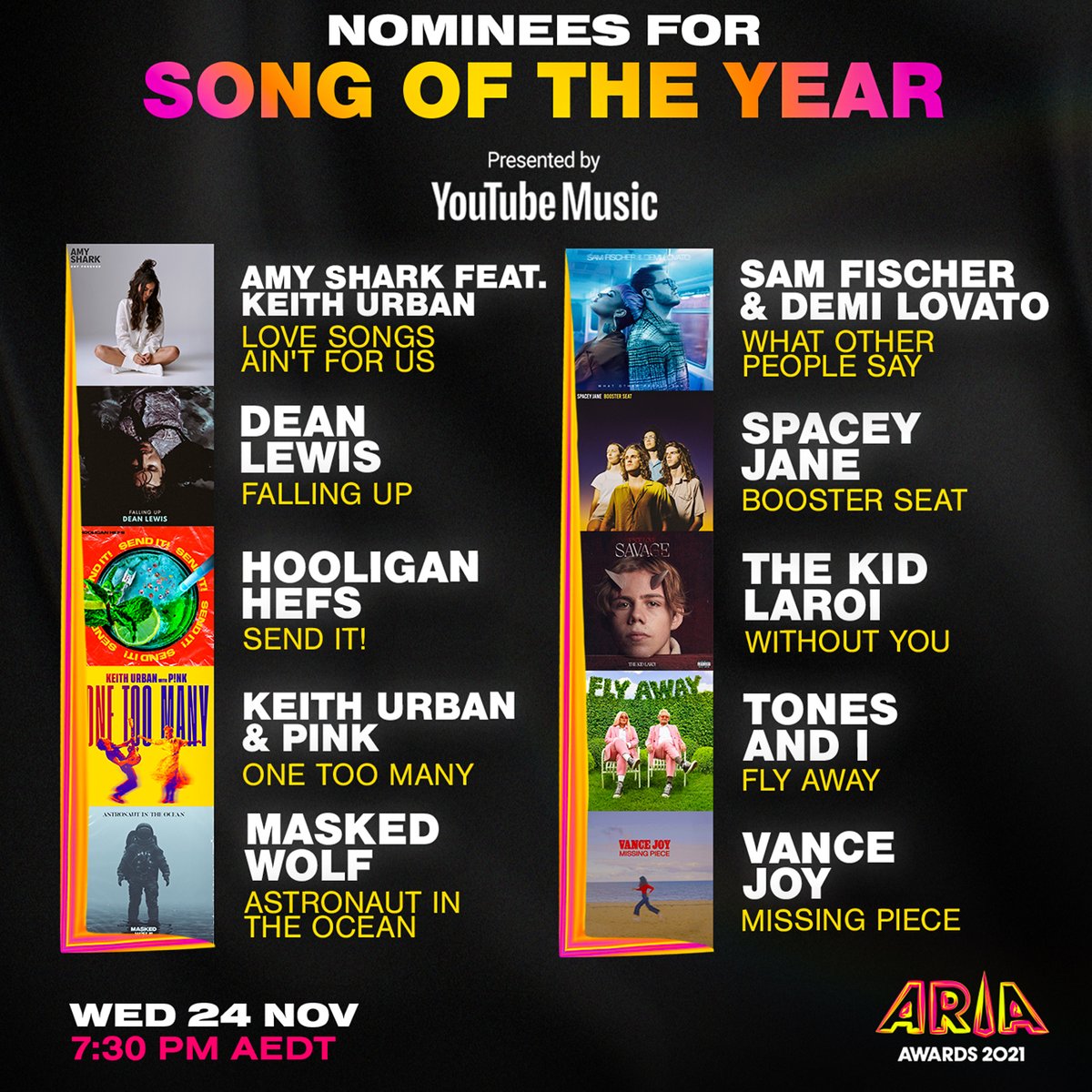 Congratulations to the 2021 #ARIAs Song of the Year presented by <a href="/youtubemusic/">YouTube Music</a> nominees: <a href="/amyshark/">Amy Shark</a> &amp; @keithurban, <a href="/deanlewismusic/">Dean Lewis</a>, <a href="/HHefs/">hooligan Hefs</a>, @keithurban &amp; @pink, <a href="/maskedwolfmusic/">Masked Wolf</a>, @samfischer &amp; <a href="/ddlovato/">Demi Lovato</a>, <a href="/spacey__jane/">Spacey Jane</a>, <a href="/thekidlaroi/">laroi</a>, <a href="/tonesandimusic/">Tones And I</a>, <a href="/vancejoy/">Vance Joy</a>