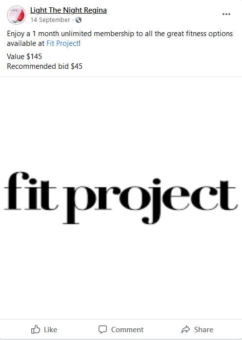 ltnregina's tweet photo. Today's featured silent auction item is a 1 month unlimited membership at Fit Project.
Head over to our Facebook page to bid and check out the other great items! https://t.co/ZSZGJU1BGm
#lightthenight #ltnregina #yqr #silentauction #llsc #auction #fitness #fitproject https://t.co/mYslfQYR1n