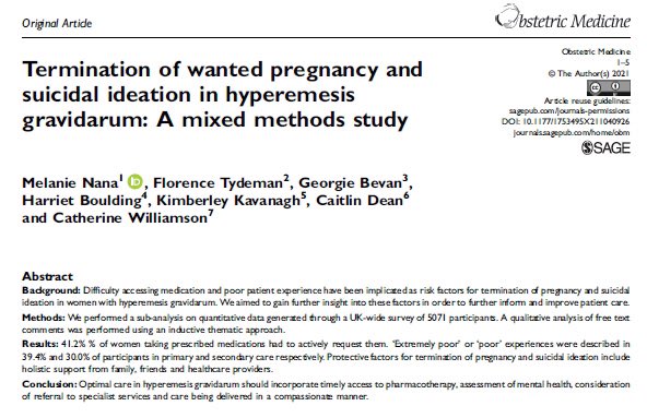 Hyperemesis gravidarum requires compassionate care & access to meds Study by @Melanie_Nana1 @cathwilliamson5 & @MumaDean  show that poor perception of care is associated with increased risk of termination of pregnancy or suicidal ideation Open access: journals.sagepub.com/doi/full/10.11…