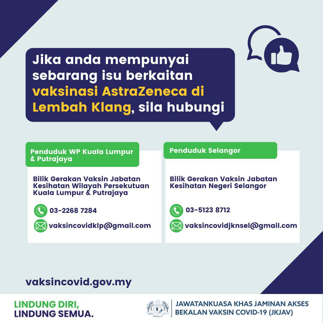 JaPenWPKL's tweet photo. KEMASKINI : Nombor untuk dihubungi bagi sebarang isu berkenaan vaksinasi AstraZeneca di Lembah Klang. https://t.co/CU08xTN00j
