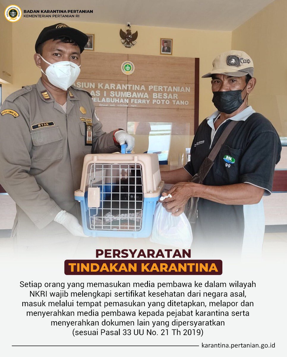 BarantinRI's tweet photo. Wajib u/  melengkapi sertifikat kesehatan dr negara asal, masuk melalui tempat pemasukan yg ditetapkan, melapor dan menyerahkan media pembawa kepada pejabat karantina serta menyerahkan dokumen lain yg dipersyaratkan.

#RabuSeru #UU21
Karimin #SapaPagi https://t.co/G9A5lws6l5
