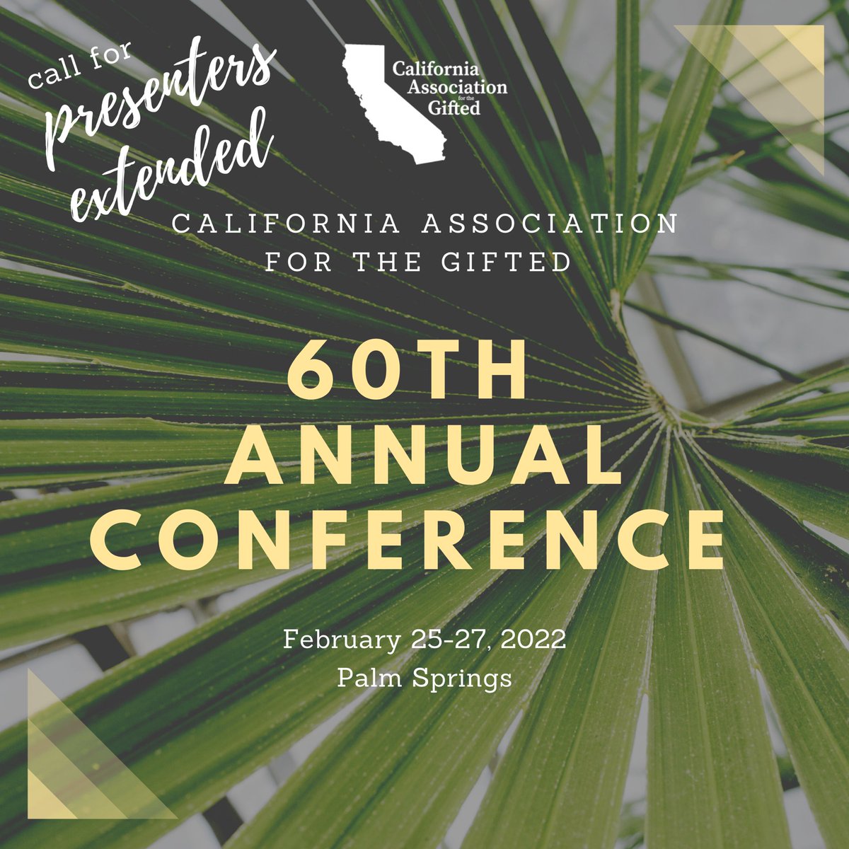EXTENDED! Submit your presentation proposal for our 60th Annual CAG Conference TODAY! 🖊 Deadline: October 24, 2021 🖊 bit.ly/2022CallforPre… #gifted #cagcon #giftedandtalented