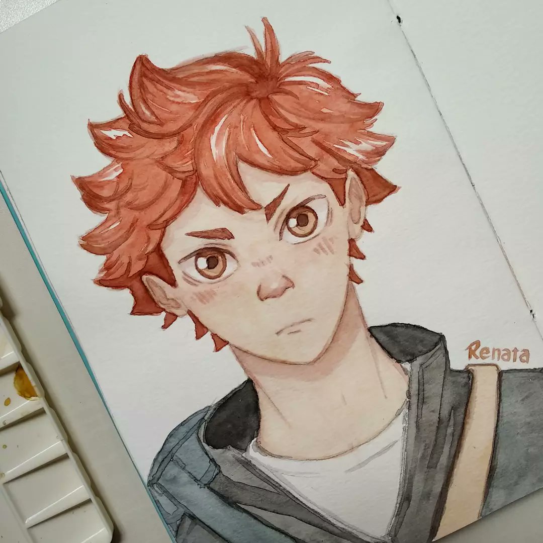 renatinhaart's tweet image. fiz o hinatinha em aquarela p curar meu bloqueio criativo #Haikyuu