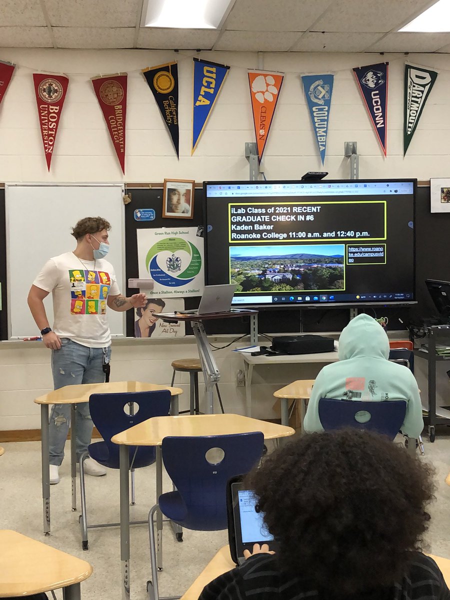 GRHSiLab's tweet photo. iLabYear5Day29: Our iLab RECENT GRADUATE CHECK IN #6 today with @KadenBaker72 from @RoanokeCollege was inspiring! Kaden gave excellent advice to our students about building resiliency in new situations and making new friends from across Virginia. He’s enjoying campus life! https://t.co/CJ9F9QHEwD