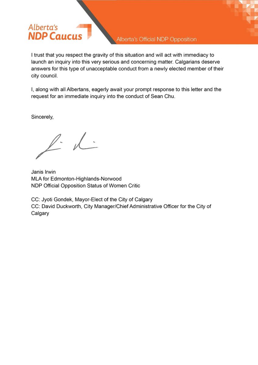 JanisIrwin's tweet photo. It is unconscionable that Sean Chu be allowed to sit as a Calgary city councillor. The allegations against him are very serious. We are demanding that Minister @RicMcIver immediately order an inquiry into this matter. There is no debate. Do the right thing. Now. #ableg #yyccc https://t.co/PykcMg0v5J