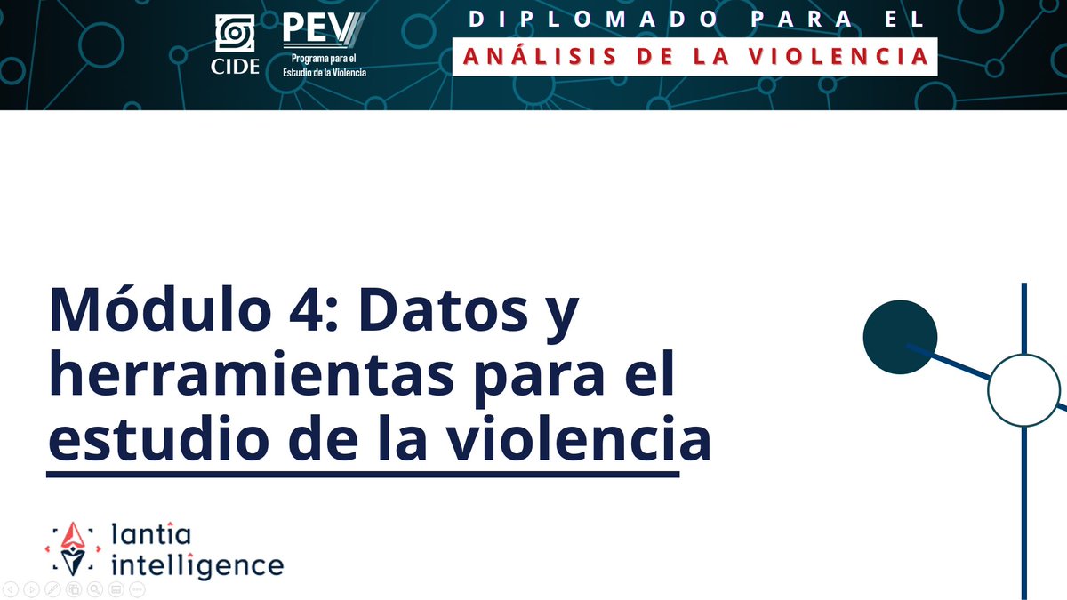 Arrancamos nuevo módulo en el Diplomado para el Análisis de la Violencia del #PEVCIDE sobre "Datos y herramientas para el estudio de la violencia" en colaboración con <a href="/LantiaIntel/">Lantia Intelligence</a>.
¡Gracias a todo el equipo de Lantia por la oportunidad de aprender de su trabajo!
