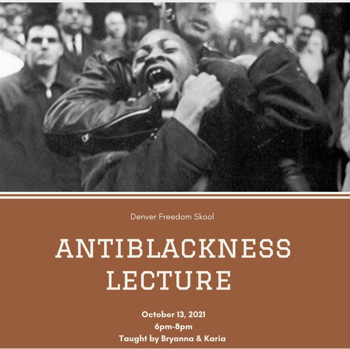denverfreeskool's tweet photo. Join us tomorrow as Bryanna and Karia lead us in a lecture and discussion about anti-blackness, following in this month’s theme of interrogating anti-blackness through film. https://t.co/h3KEmOflJ1