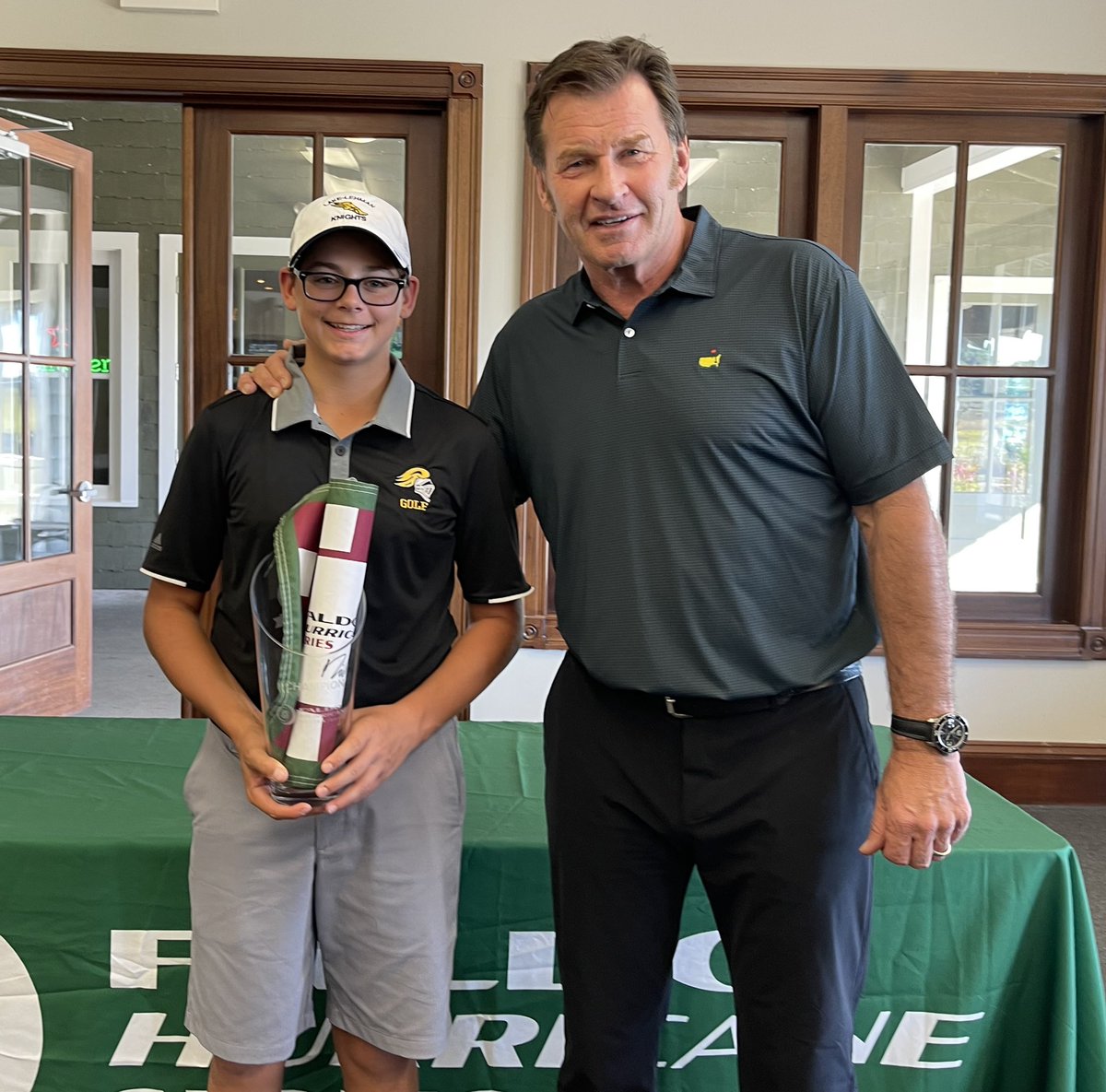 Michael placed FIRST OVERALL (16-18 &amp; 14-15 boys played same yardage- over 7,000) shooting -2 <a href="/FaldoHurricane/">Faldo Hurricane Series</a> national tourney! Thank you @NickFaldo006 for bringing your Jr. Series to America! <a href="/MLugiano/">michael lugiano</a> is wearing his <a href="/LLKnightsSports/">LL Knights Athletics</a> gear since he couldn’t be <a href="/PIAASports/">PIAA</a> States