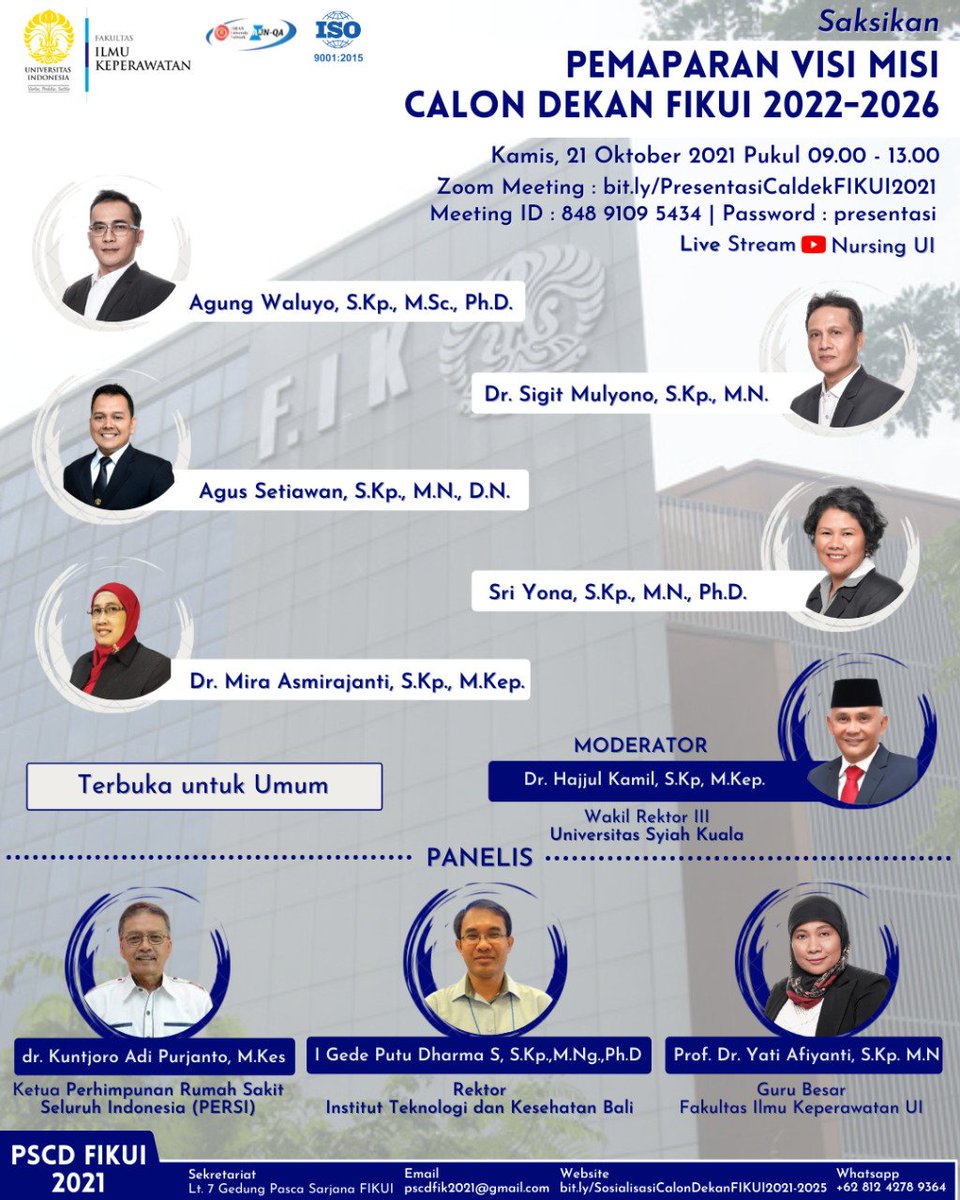 Saksikan Pemaparan Visi Misi Calon Dekan FIKUI Periode 2022-2026, pada :

Hari/ Tanggal : Kamis, 21 Oktober 2021
Media : Zoom Meeting bit.ly/PresentasiCald…

Acara ini juga ditayangkan secara langsung melalui kanal YouTube Nursing UI

#KeperawatanUI
#NursingUI
#FikUi
#FonUi