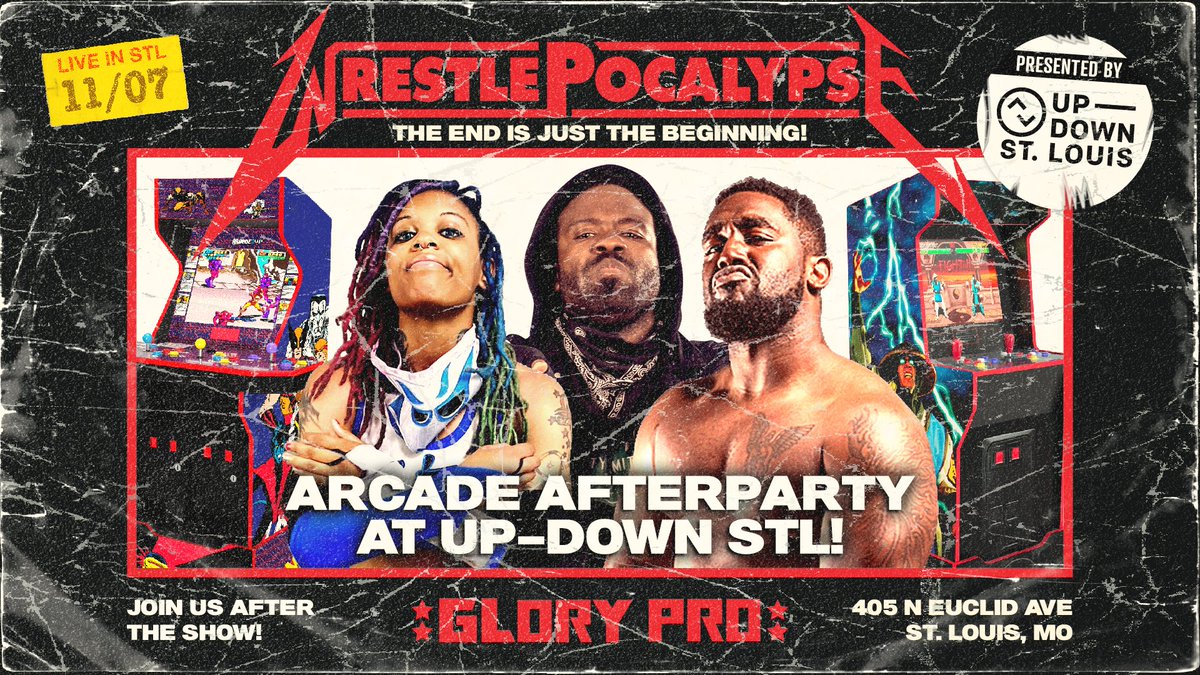WeAreGloryPro's tweet image. If you&apos;re 21+ the place to be following WrestlePocalypse is @UpDownSTL for the official Arcade After-party!

Join some of your favorite Glory Pro stars for drinks, pizza and the best collection of arcade games in the city!