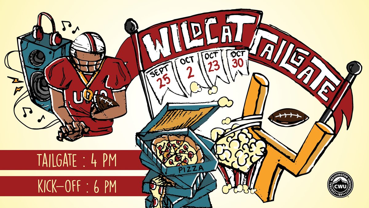 CWUHype's tweet photo. Hey Wildcats! 🐾Head to the tailgate before the game this Saturday for a lot of fun activities! There's free food, music, swag, contests, giveaways and even face painting! Starting at 4 p.m., you'll have a blast before cheering on our football team. 🏈 https://t.co/LTVl5puOp7