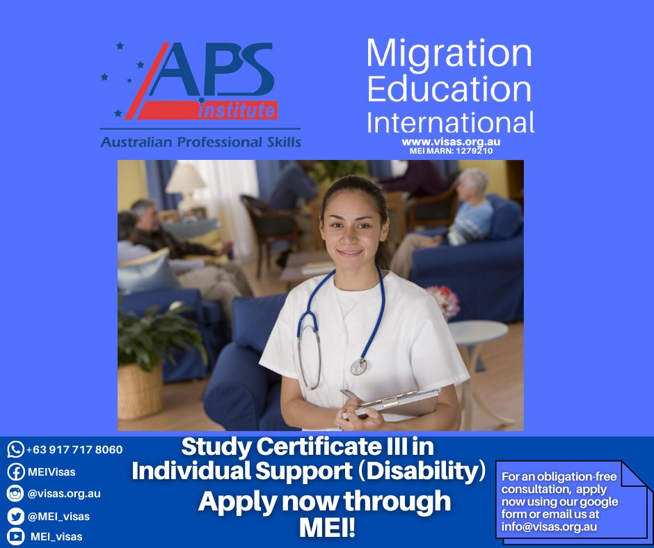 MEI_visas's tweet photo. Study Certificate III in Individual Support (Disability) now! Apply to one of our trusted partner schools in Australia, New Zealand, and Canada. 
Apply for a student visa using our google form link below. No resumes needed! https://t.co/osnJrDn5XY https://t.co/PhtkzD8wB4