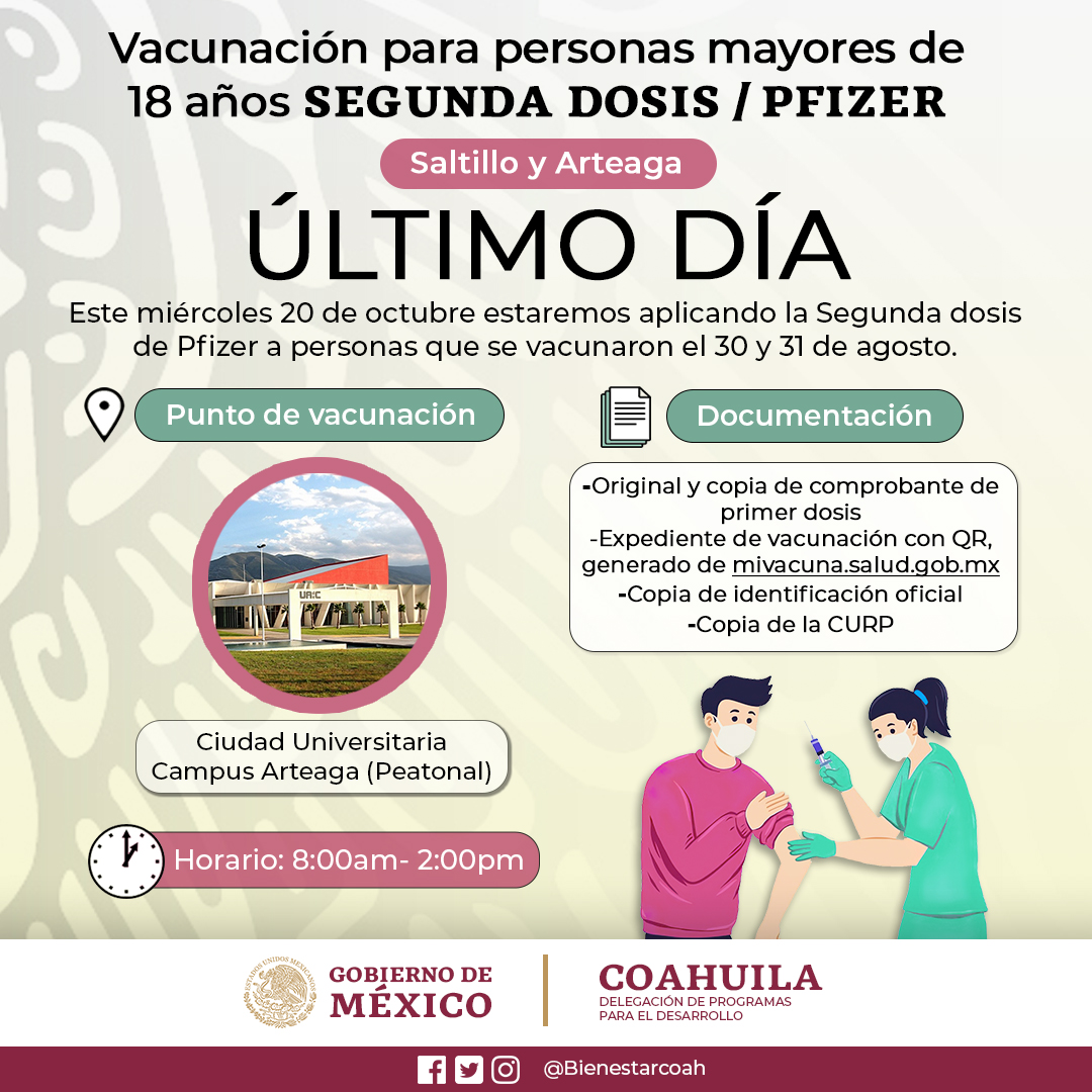 📌Atención #Saltillo y #Arteaga, este miércoles se habilitará el punto de vacunación de Ciudad Universitaria Campus Arteaga para continuar, por último día, con la aplicación de la Segunda Dosis de la vacuna Pfizer.