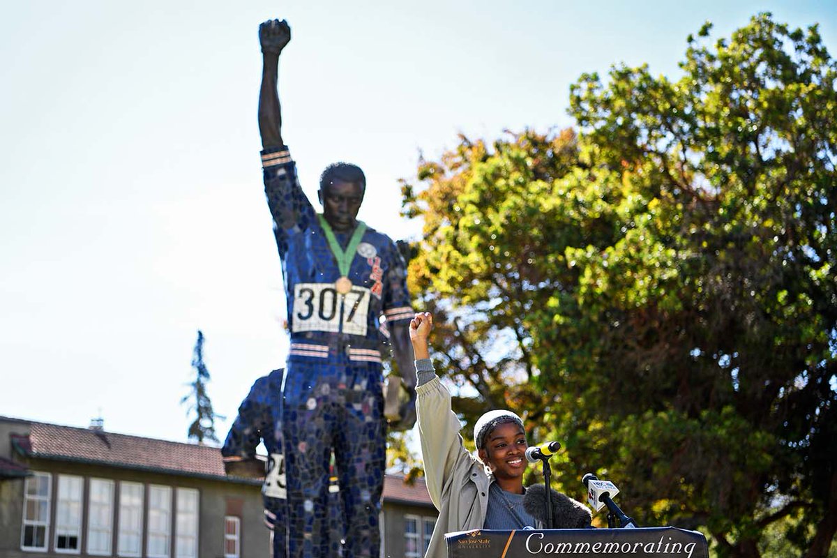 SJSU's tweet photo. "Actions speak louder than words. This was an act of athlete activism." — @masa_gud, '22 Public Health

Today, @sjsu_issssc and @SJSUHumanRights honored the legacy of two Spartan alumni whose actions are  relevant to today's struggle for racial and social justice. ✊🏼 ✊🏽 ✊🏾 ✊🏿 https://t.co/QwrHKeikmm