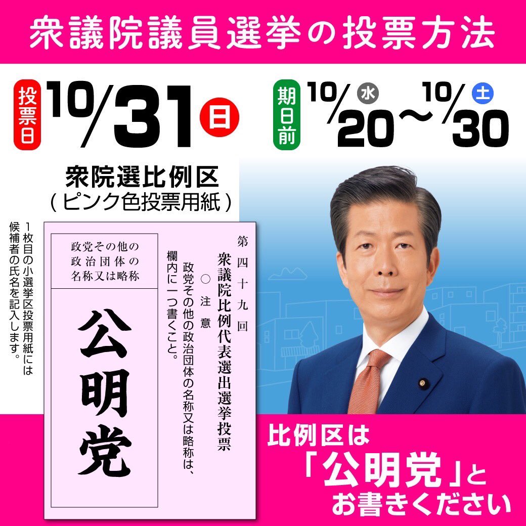 角田 ひでお 公明党 On Twitter 本日より期日前投票が始まります 小選挙区と比例代表の２票制となります 小選挙区 小選挙区 は お住まいの地域で立候補している 候補者名 をお書きください 比例区 比例区は 政党名 公明党 とお書きください 比例区は