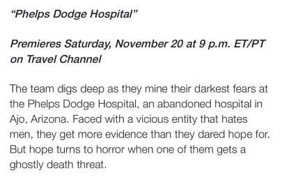 EntityVoices's tweet photo. Destination Fear comes to the Old Phelps Dodge Hospital.  Airs November 20th! https://t.co/hiVc7bvhIv