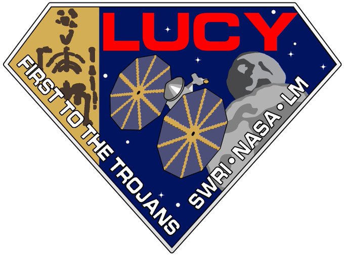 Graphical diamond-shape that reads Lucy: First to the Trojans. SWRI. NASA. LM