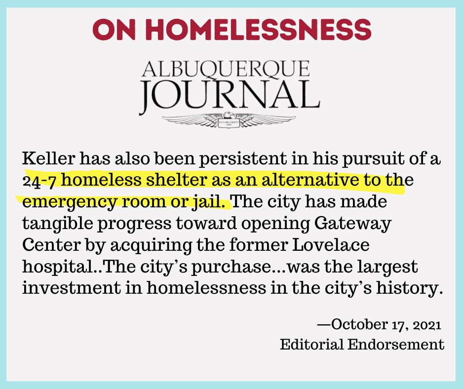 timkellernm's tweet photo. Homelessness is a major problem in our city, but as the @ABQJournal said in their endorsement of #MayorTim, we are heading in the right direction with the Gateway Center #KOB4Debate #KeepKeller https://t.co/aOYaAq4ugx