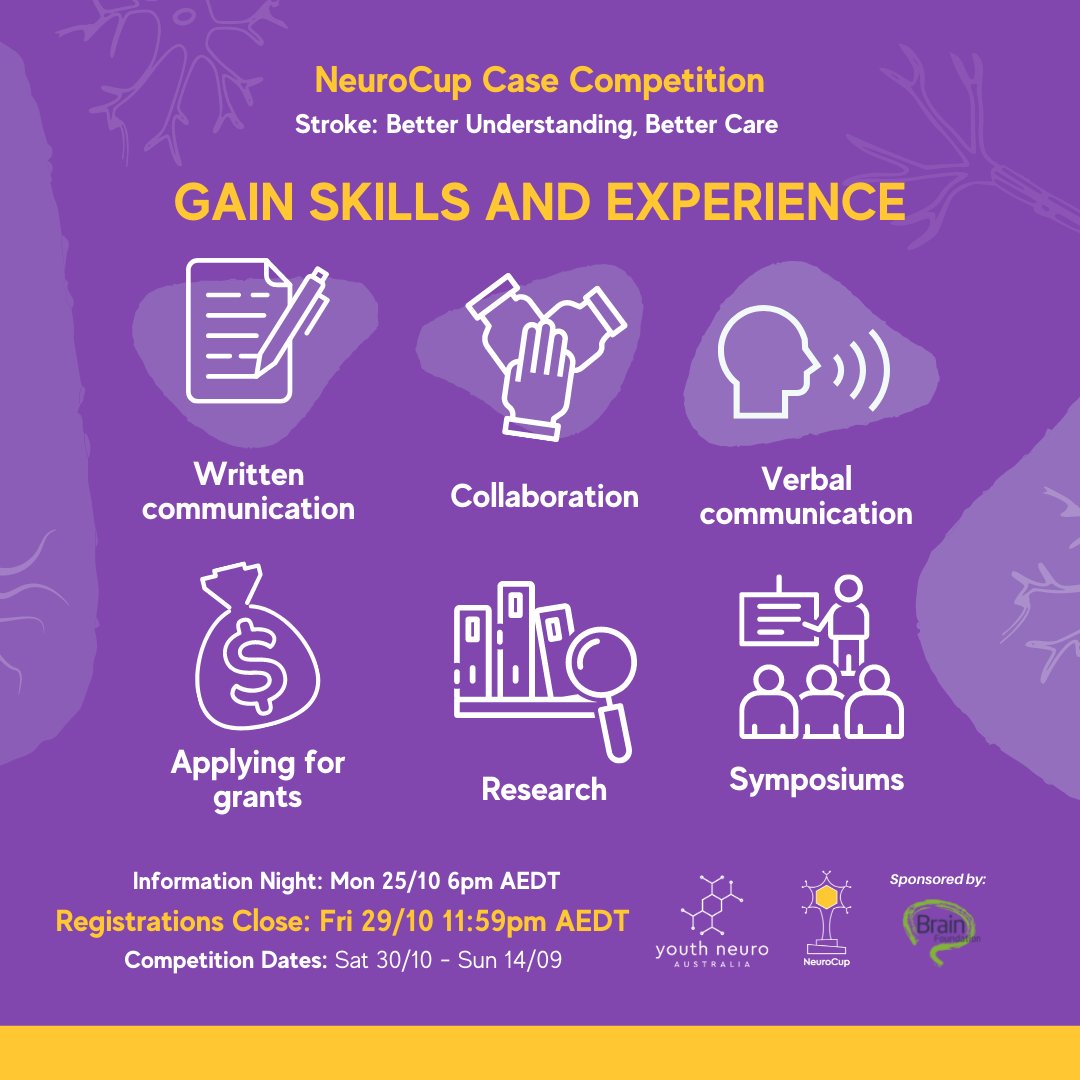 Want to gain skills that enhance your academic and professional career? 🔬 Attend our NeuroCup Case Competition! 

Remember to come to our online information night on Monday!

Register on our website here before Oct 29th: yna.org.au/event-details/…