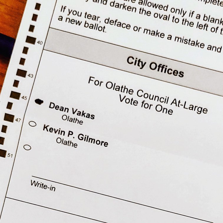 Mail ballots started hitting Olathe mailboxes late last week. Happy to have earned this resident’s vote! I plan to vote in person on Election Day — What is YOUR preferred voting method?

#OlatheProud #VakasforOlathe #VoteVakas