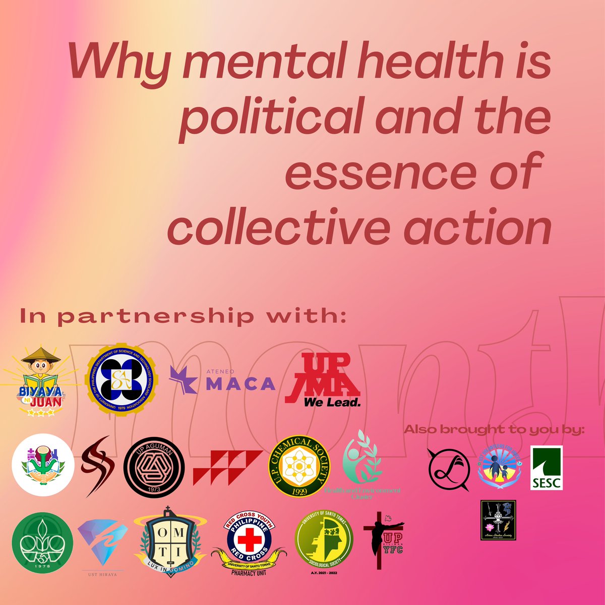 updcalsc's tweet photo. This Mental Health Month 2021, UPD CALSC presents MORE THAN THE INDIVIDUAL, a round table discussion on mental health and its political underpinnings. Join us on October 30, 2021, 1-3:00 PM via Zoom.
Register here: https://t.co/qeP70Xug6Y

#UPMHM2021
#LigtasNaBalikEskwela https://t.co/3R0O36uQjM