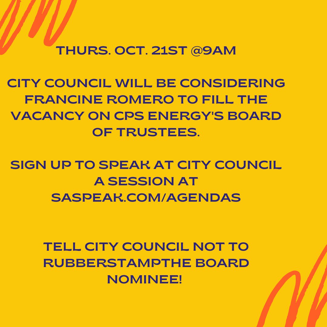 ClimateSATX's tweet photo. On Thursday City Council will vote on the next CPS Energy Board Trustee. Sign up to speak at A Session and tell your council member not to rubberstamp Francine Romero. https://t.co/867IXSEpGm