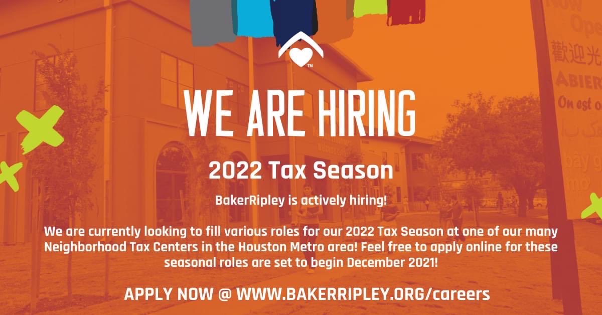 MorrisReshonda's tweet photo. ⁦@BakerRipley⁩ is now hiring for Tax Season … if interested email your resume to talent@bakerripley.org #taxseason #taxpreparers #nowhiring https://t.co/RYx5VWPbrX