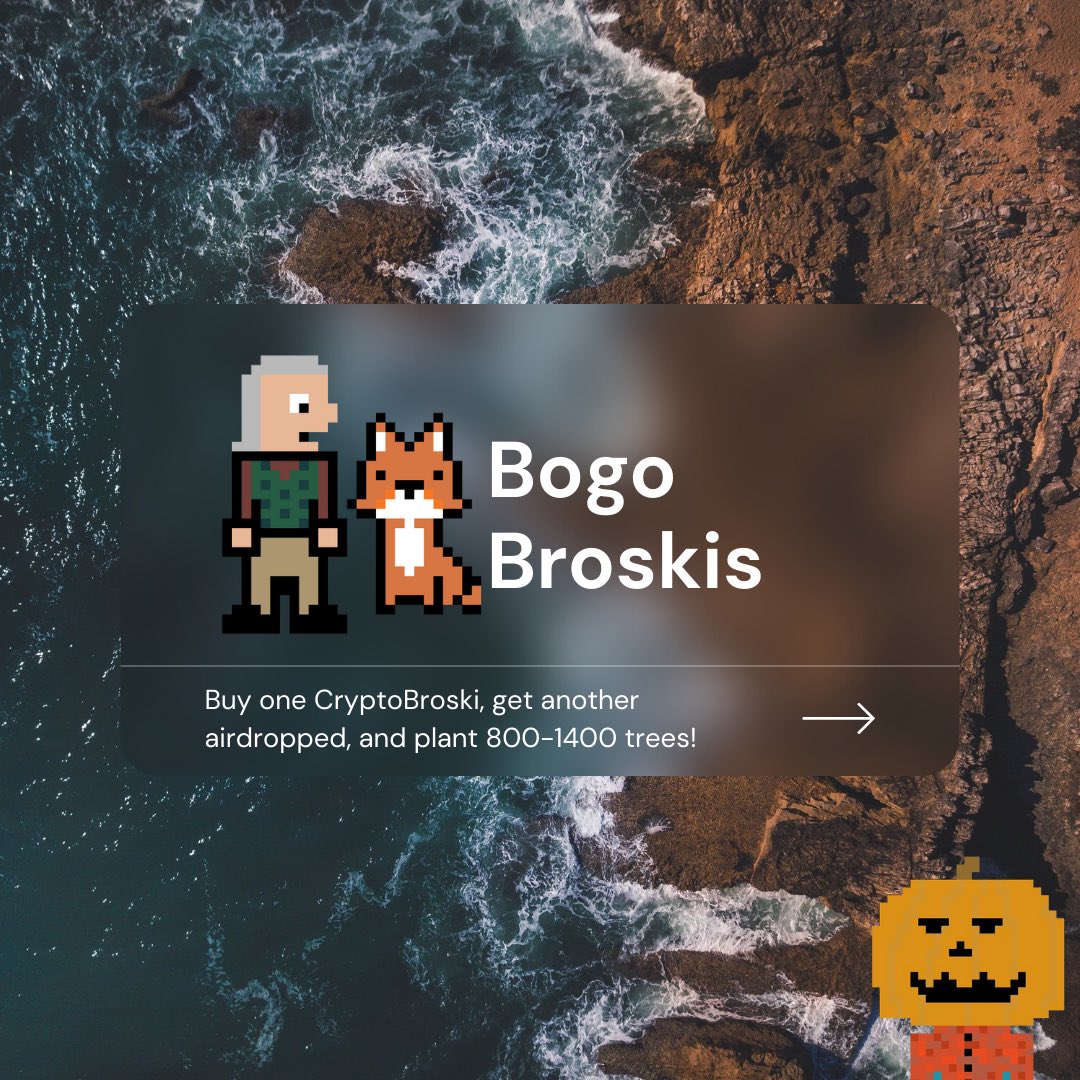 SCryptobroski's tweet image. 🎉 #NFTSALE 🎉 
To celebrate the rise of ETH, we’re doing BOGO Broskis!

Get one CryptoBroski, get airdropped one for free, and we’ll donate to plant trees for both!

(If you get a Halloween Broski we’ll also send you a piece of merch!)