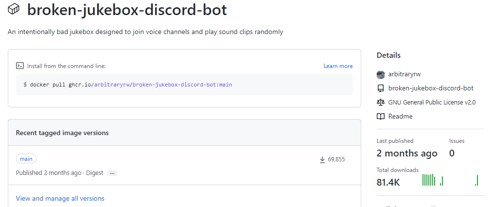 ArbitraryRW's tweet photo. I wrote an open source discord bot that plays youtube clips randomly in voice channels / when people unmute. The bot was made as a joke to play the "2 hours later" clip after people unmute. I checked it today and it has over 80,000 pulls, it's completely ridiculous and I love it https://t.co/9azOZayL23
