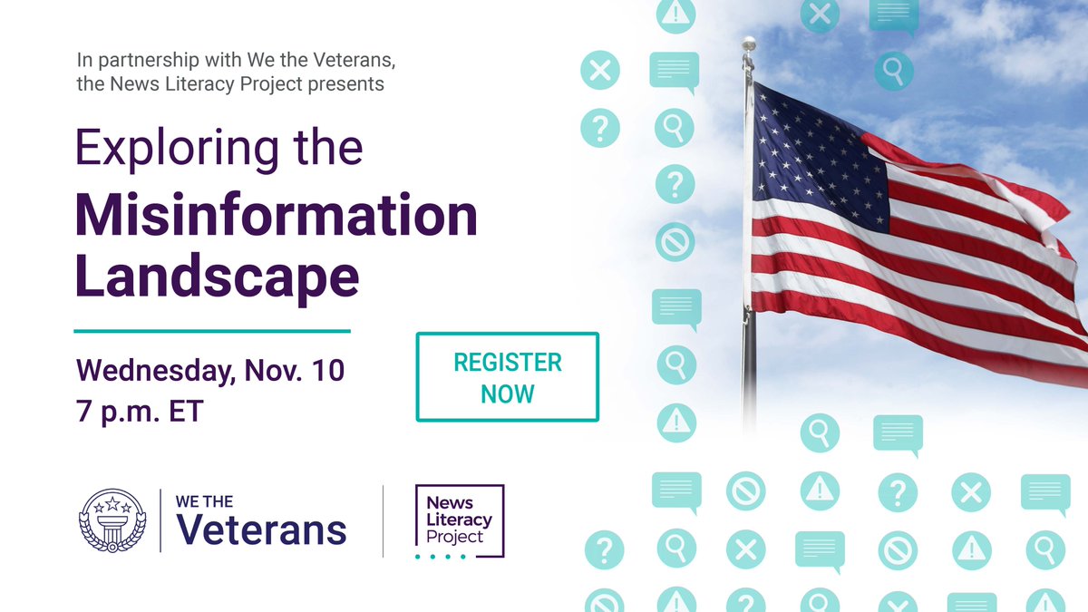 #Veterans — join us for a FREE webinar, in partnership with <a href="/wetheveterans/">We the Veterans & Military Families</a>, specifically for you on Nov. 10. @MrSilva will explain how #Misinformation spreads &amp; targets you, &amp; offer strategies for sticking to the facts. 

Sign up / spread the word —> bit.ly/VeteransNLP