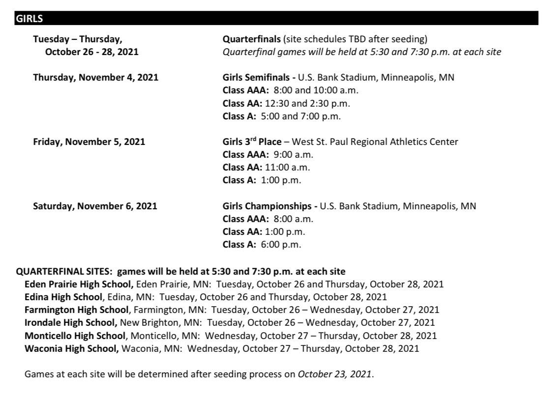 MSHSL STATE INFO. Seeding &amp; schedule determined on 10/23. #gofire <a href="/hfgirls_soccer/">Holy Family Girls Soccer</a>
