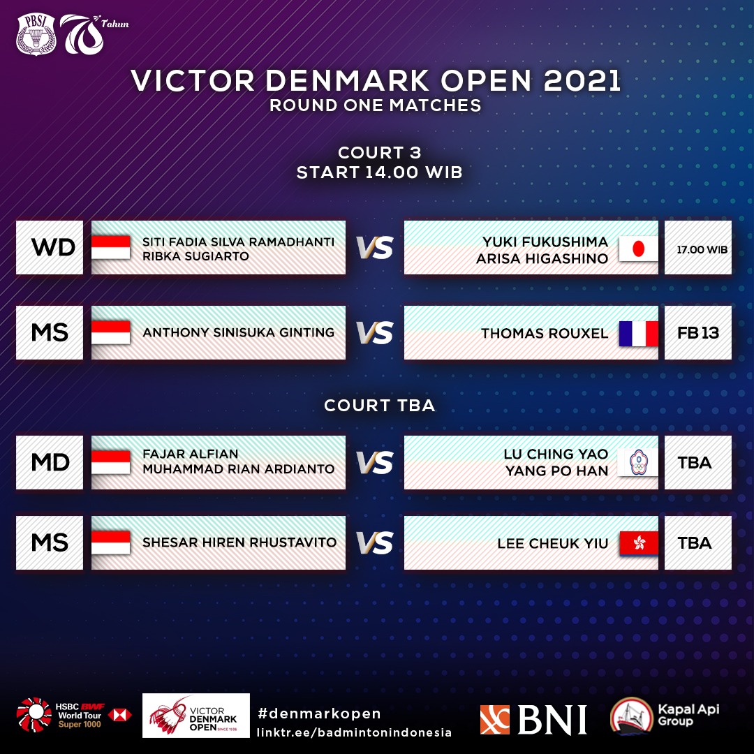 INABadminton's tweet photo. Denmark Open 2021 berlanjut hari ini. Masih memainkan babak 32 besar mulai pukul 09.00 waktu setempat atau pukul 14.00 WIB. Berikut jadwal pemain Indonesia.

#BadmintonIndonesia #DenmarkOpen2021 https://t.co/kz5ITcgoGo