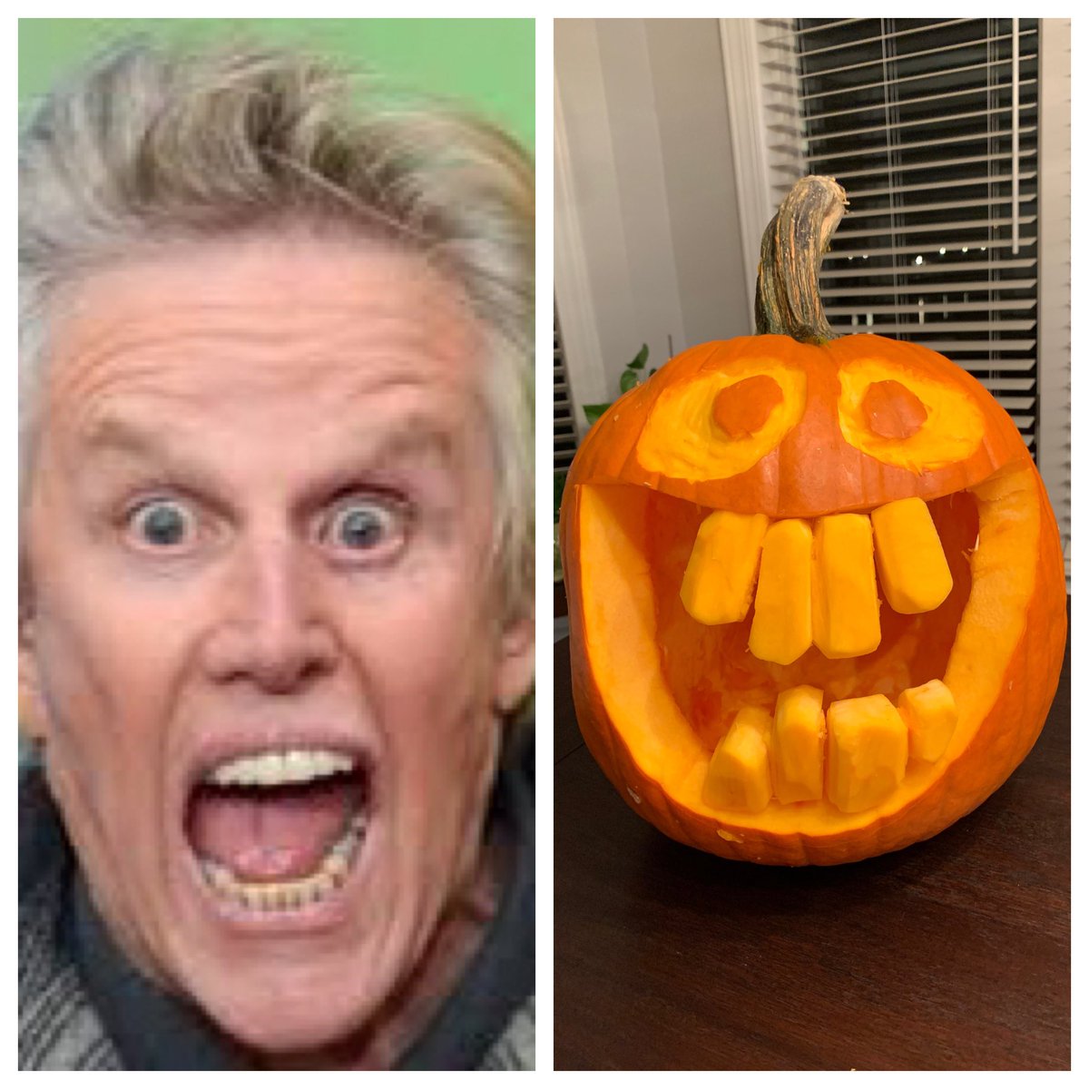 Carved my pumpkin tonight and realized it looked a lot like <a href="/THEGaryBusey/">Gary Busey</a> when I was done 🤣🎃 #HappyHalloween